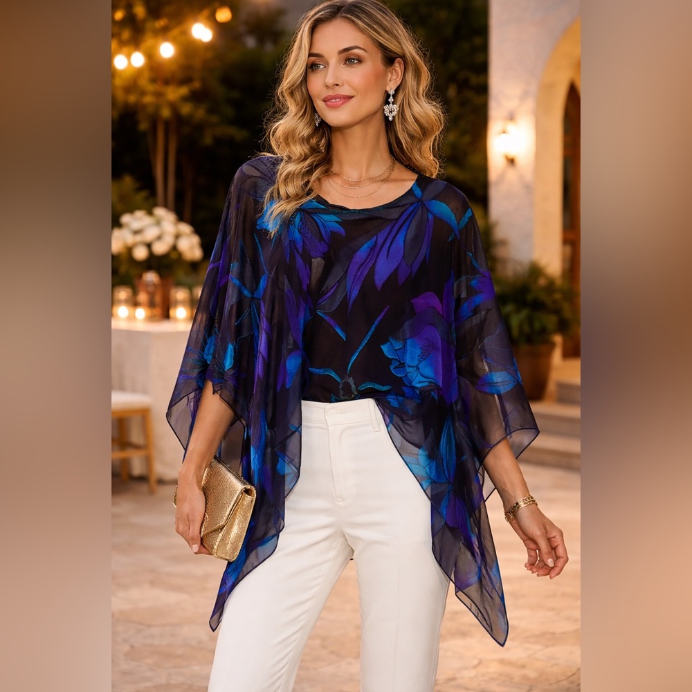 🛑 SOLD Silk Sheer Floral Gradient Poncho Coverup Overlay Chic Hippie Boho Top
